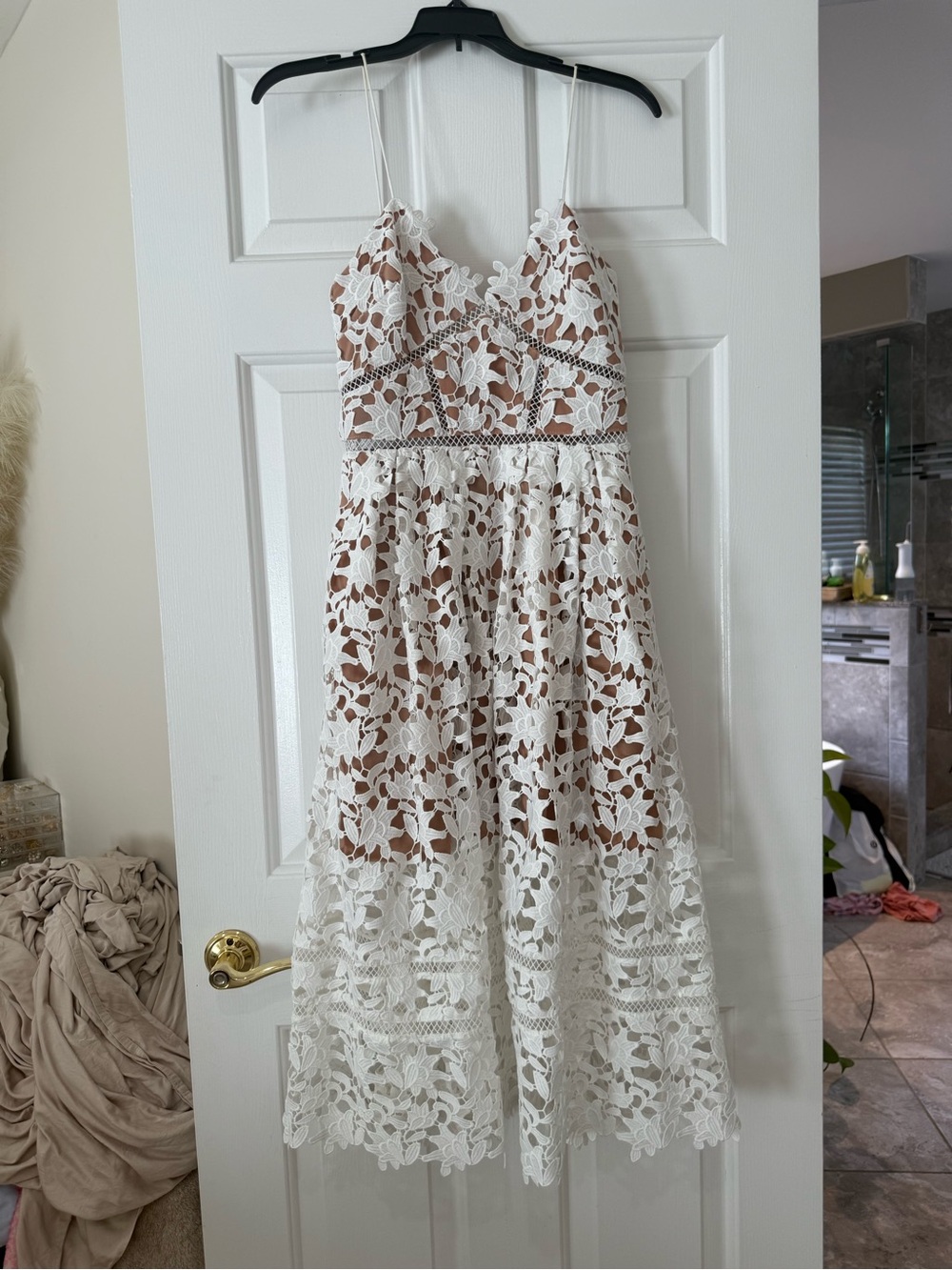 Self-Portrait Blush Beige Lace-Trim Dress